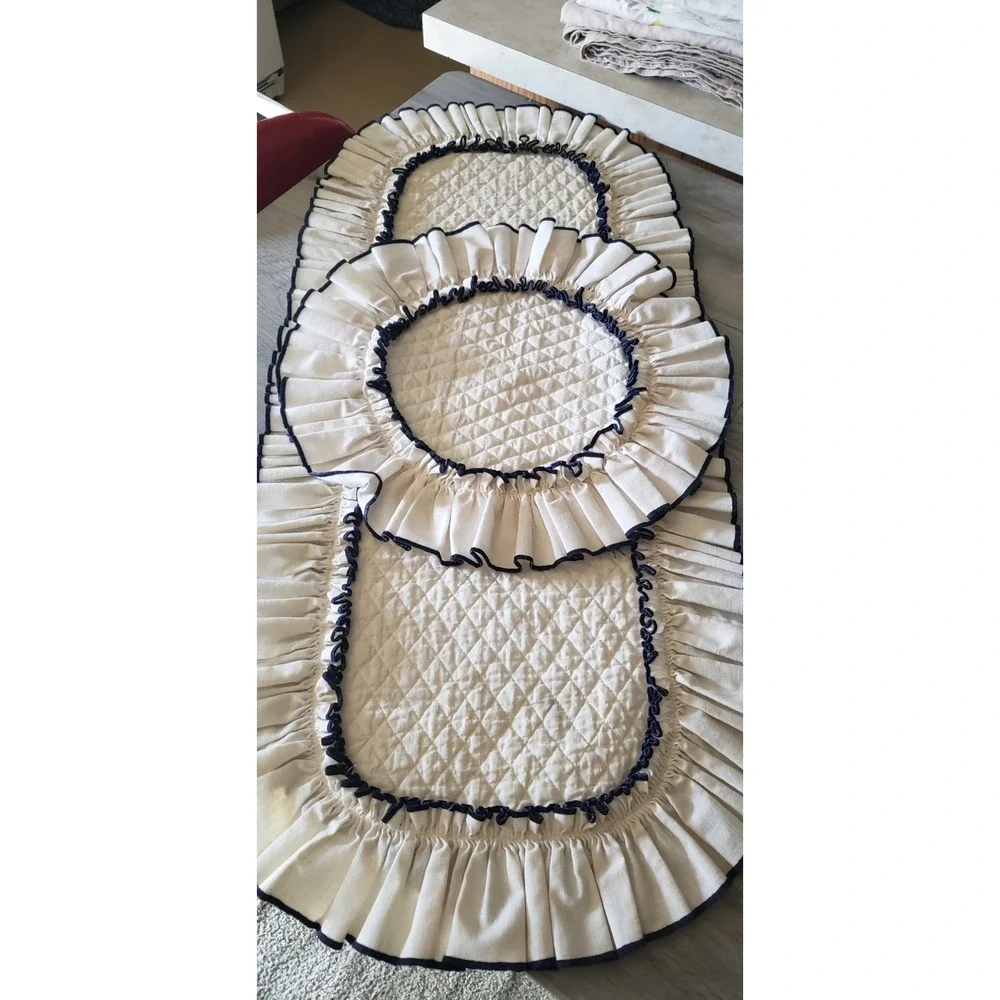 Quilted Ruffle Table Runner and Round Placemat Set Cream Navy Farmhouse Decor
